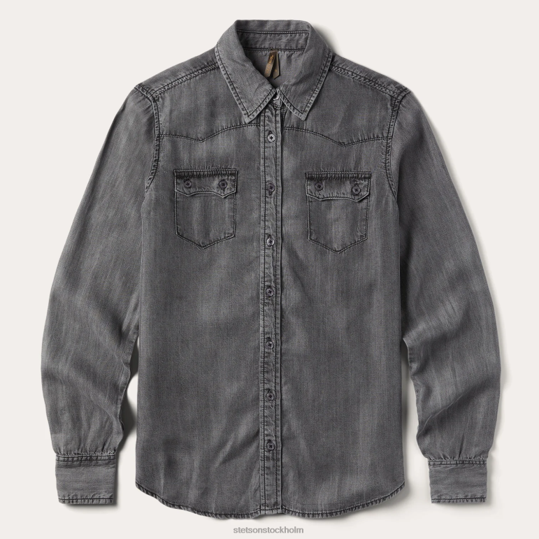 Stetson kvinnor boyfriend fit knapp denim tencel blus LLFB438 kläder tvättad svart
