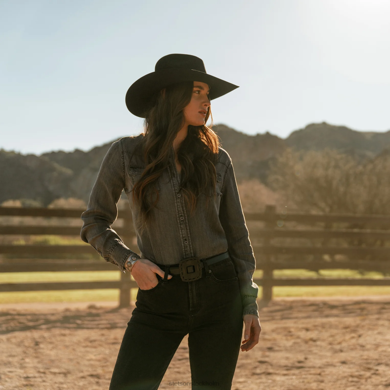 Stetson kvinnor boyfriend fit knapp denim tencel blus LLFB438 kläder tvättad svart