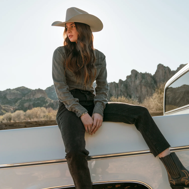 Stetson kvinnor boyfriend fit knapp denim tencel blus LLFB438 kläder tvättad svart