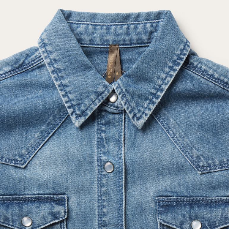 Stetson kvinnor broderad jeansskjorta med pojkvänspassform LLFB432 kläder blå
