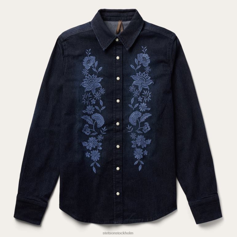 Stetson kvinnor broderad mörk denim blus med knäppning framtill LLFB431 kläder blå