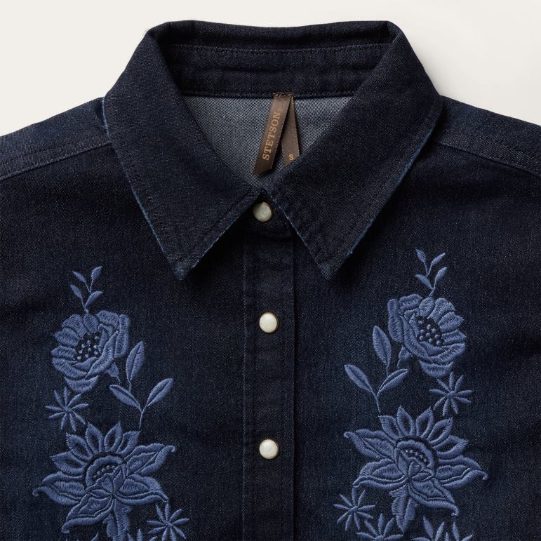 Stetson kvinnor broderad mörk denim blus med knäppning framtill LLFB431 kläder blå