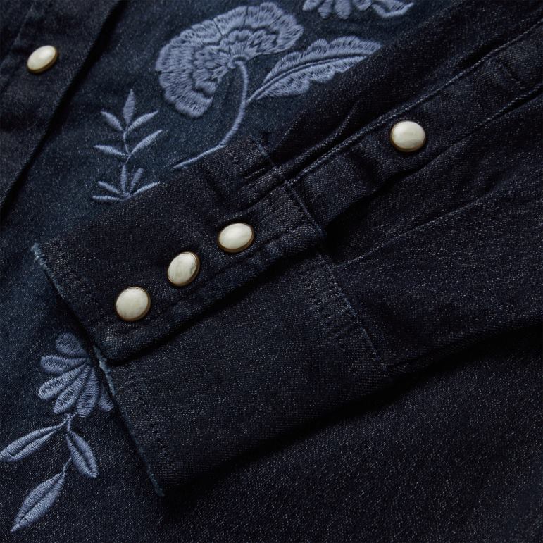 Stetson kvinnor broderad mörk denim blus med knäppning framtill LLFB431 kläder blå