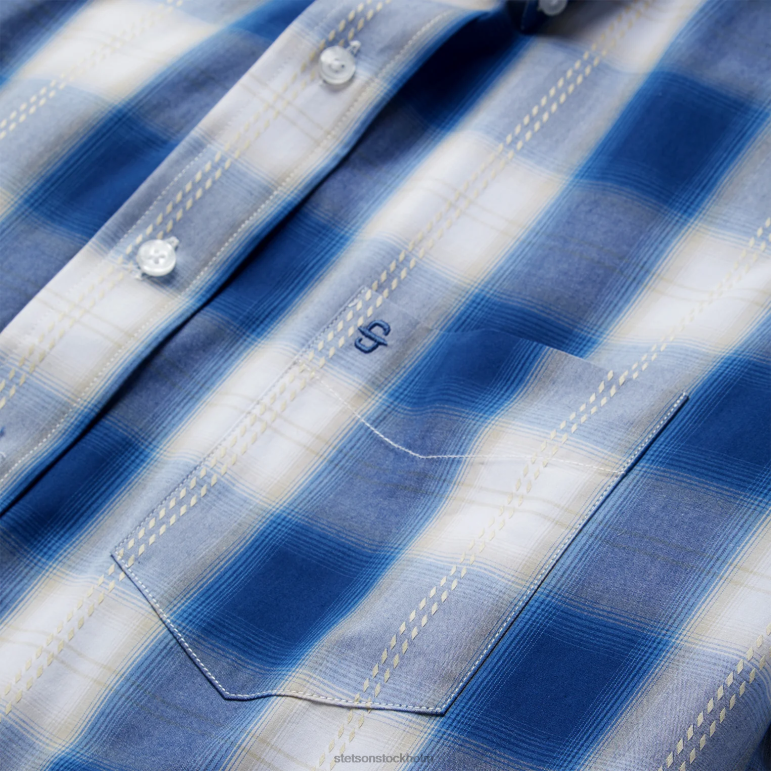 Stetson män marinblå guld ombre rutig västernskjorta med kort ärm LLFB308 kläder blå