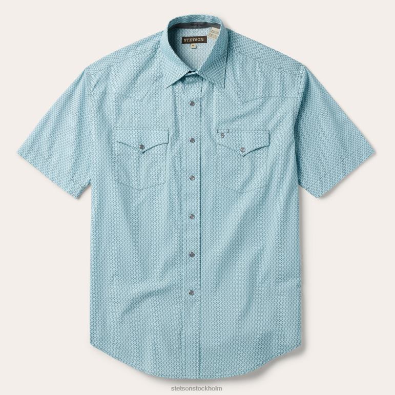 Stetson män silver diamant snyggt tryck kortärmad westernskjorta LLFB304 kläder blå