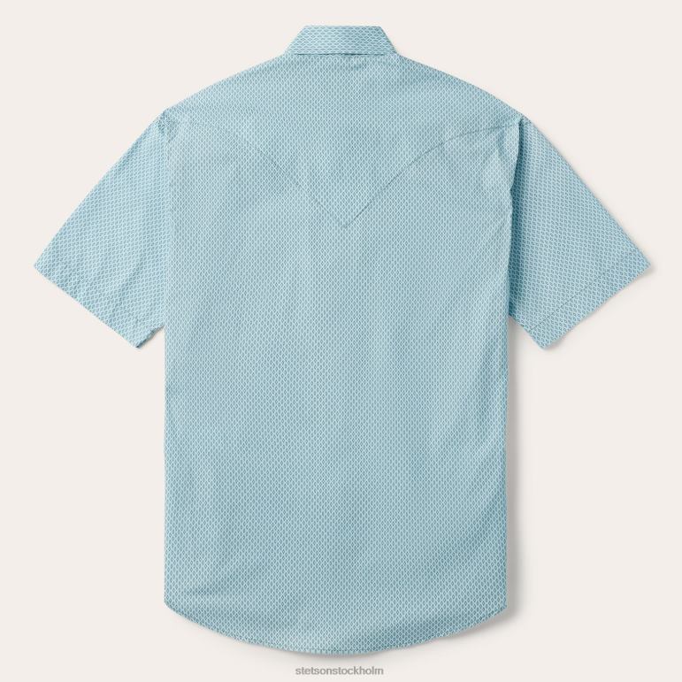 Stetson män silver diamant snyggt tryck kortärmad westernskjorta LLFB304 kläder blå