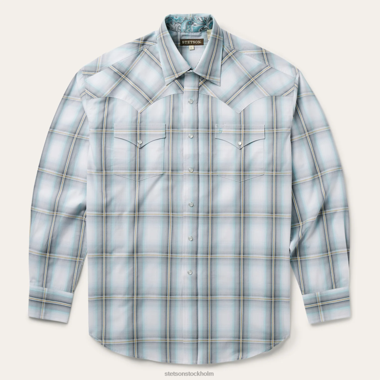 Stetson män sky ombre rutig westernskjorta LLFB302 kläder grå
