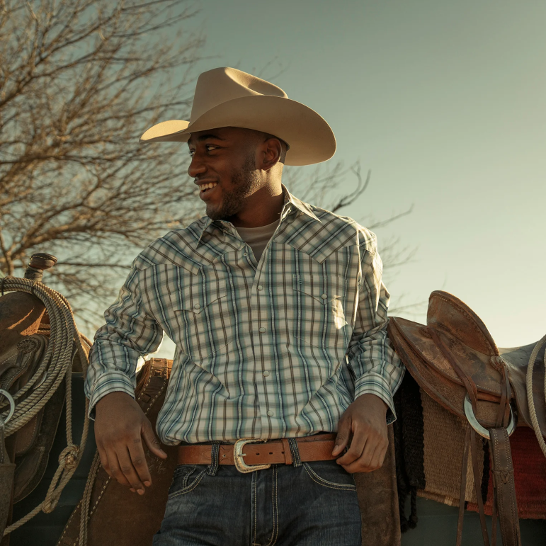Stetson män vintage turkos rutig skjorta LLFB349 kläder blå